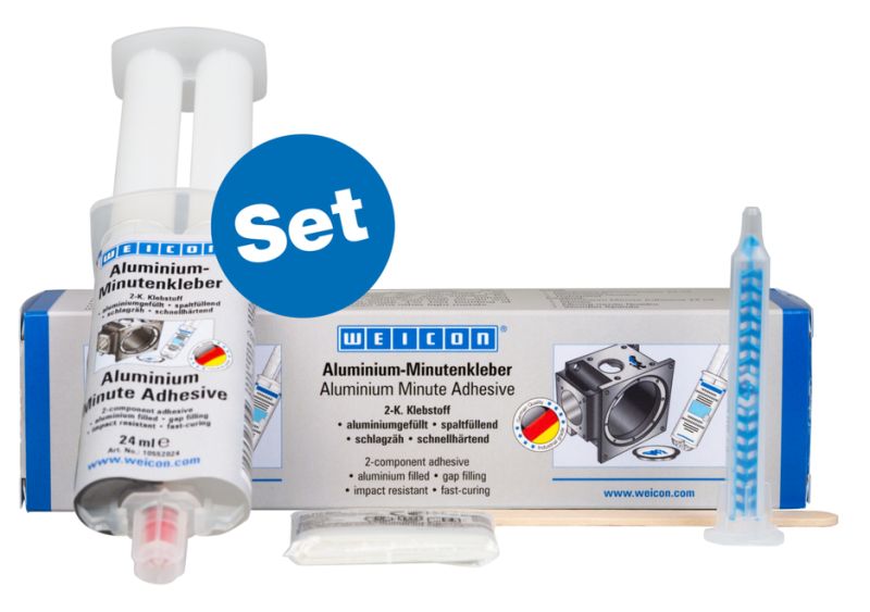 Aluminium Minute Adhesive is an odourless, two-component epoxy adhesive filled with aluminium. It cures fast at room temperature and practically without shrinkage. After curing, the adhesive can be machined (filing, drilling, milling). Aluminium Minute Adhesive is gap-filling and non-dripping (thixotropic) and shows very high tensile, impact and peel strength. The adhesive is particularly suitable for bonding aluminium and other light metals. It can be used for filling cracks and holes on aluminium housings, for example, and for repairing light alloy wheels. In order to achieve optimal adhesion, the bonding surfaces should be dry and free from grease or dirt. Scraping or sanding the surfaces before cleaning additionally improves adhesion.