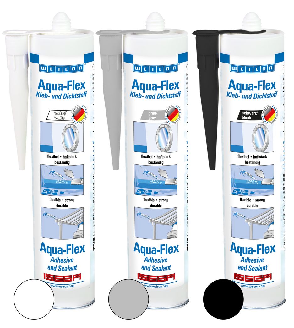 Aqua-Flex is strong, paintable (wet-on-wet), has an outstanding resistance to ageing and is resistant to weathering, UV rays as well as fresh and salt water. It is free of silicone, isocyanate, halogens and solvents. The product as an ISEGA certificate and can be used as an adhesive in the food technology. Aqua-Flex is an elastic adhesive and sealant based on MS polymer for wet and damp surfaces. It is suitable for the bonding of numerous materials, such as metal, plastics, ceramics, wood, glass and stone. The adhesive and sealant can be used for pipeline and cable work, tank and apparatus engineering, in ventilation and air conditioning systems, gardening and landscaping, in sanitary installations and in all applications, where silicones or products containing silicones are not suitable.