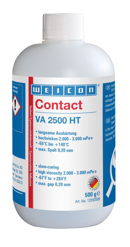 Due to its curing with residual elasticity, WEICON Contact VA 2500 HT is particularly suitable under changing climatic conditions. It is insensitive even under a longer influence of humidity. Contact VA 2500 HT is suited for the bonding of the most diverse rubber materials and plastics and also for metal/plastic joints. VA 2500 HT can be used in many different industrial areas.