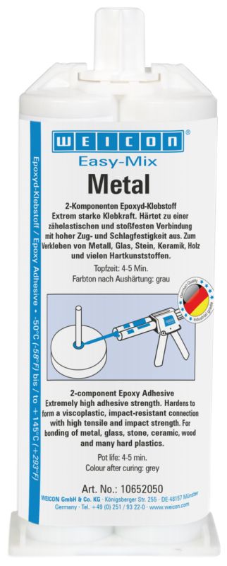 Easy-Mix Metal can be used on numerous materials such as plastic, fibre composites, ceramics, glass, stone, or wood. Suitable for bonds requiring larger tolerances to be bridged and for grouting works.