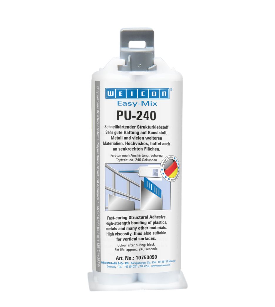 Easy-Mix PU-240 Structural Adhesive is a high- strength, extremely fast-curing, highly viscous adhesive, which can be sanded and painted over after approx. 30 minutes. It is weather-resistant, resistant to chemicals and temperature-resistant from -55°C to +125°C (-67 to +257°F). WEICON PU-240 can be used to bond numerous materials such as composite materials, plastics, polyurethane, epoxies, polyester, metals, wood and ceramics to themselves and to each other with high tensile, shear and peel strength. WEICON PU-240 can be used in plastic technology, machine construction, model and mould making, metal construction, ship and boat building, carriage and vehicle construction, trade show and exhibition construction and in many other applications.