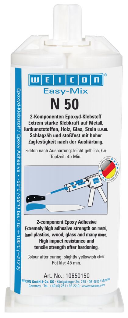 Easy-Mix N 50 can be used on numerous materials such as metal, plastic, fibre-reinforced materials, ceramics, glass, stone and wood. N 50 is suitable for manufacturing processes with assembly and positioning carried out at different times.