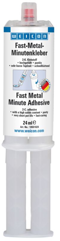 Fast-Metal Minute Adhesive is ideal for repairs and
bondings with larger bonding gaps or bigger tolerances. Its
gap-filling properties make it suitable for rough and poorly
fitting surfaces as well as for filling in cracks, cavities and
unlevelled surfaces. WEICON Fast-Metal Minute Adhesive
can be used on numerous materials such as metal, plastic,
fibre-reinforced materials, ceramics, glass, stone and wood.