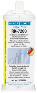 Easy-Mix RK-7200 is a high-strength, solvent-free and fast-curing structural adhesive. It is based on MMA (methyl methacrylate) and has excellent adhesive strength on many materials. Due to its transparent curing, it is particularly suitable for bonding e.g. plastics and glass. WEICON Easy-Mix RK-7200 can also be used for structural bondings where a coloured adhesive would not match the components. That way, transparent plastics like acrylic glass (PMMA) and other materials can be bonded with high strength.