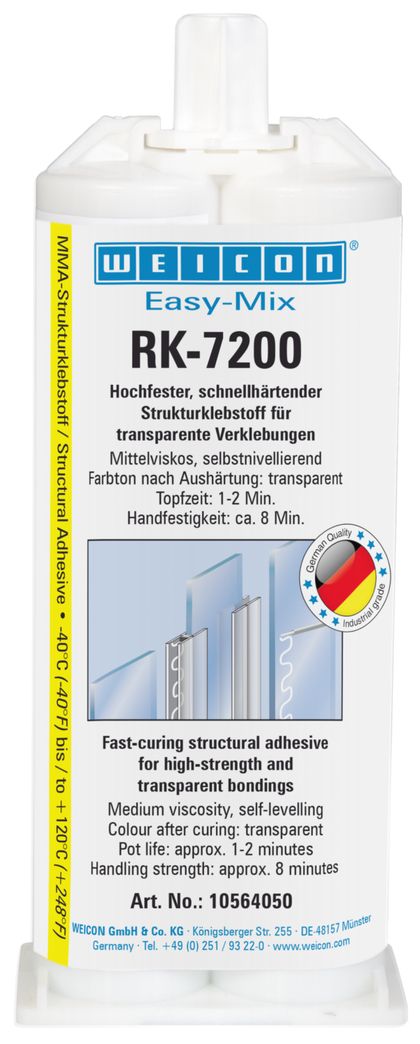 Easy-Mix RK-7200 is a high-strength, solvent-free and fast-curing structural adhesive. It is based on MMA (methyl methacrylate) and has excellent adhesive strength on many materials. Due to its transparent curing, it is particularly suitable for bonding e.g. plastics and glass. WEICON Easy-Mix RK-7200 can also be used for structural bondings where a coloured adhesive would not match the components. That way, transparent plastics like acrylic glass (PMMA) and other materials can be bonded with high strength.