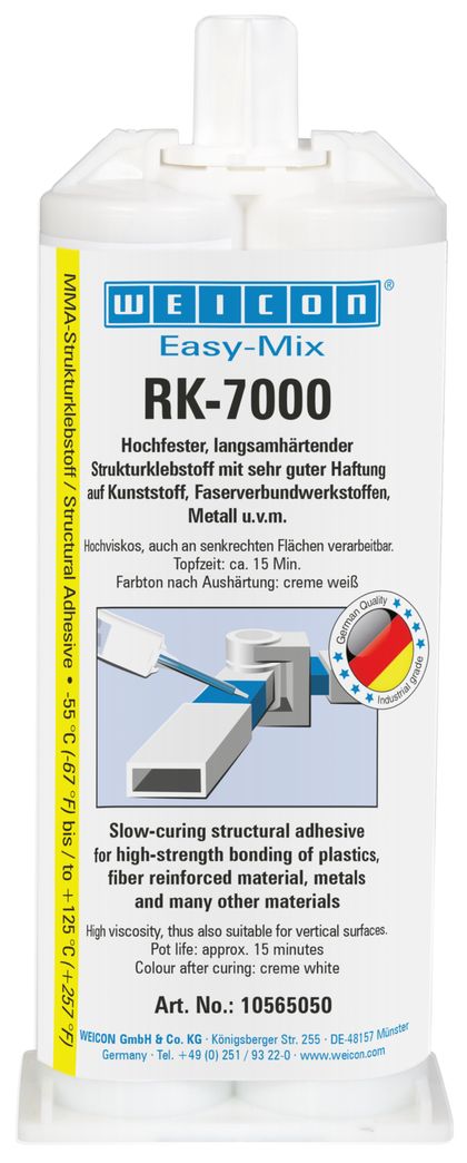 Easy-Mix RK-7000 can be used to bond numerous materials such as plastics, metals and ceramics with high tensile, shear and peel strength. It is particularly suitable for structural bondings where high strength connections are required. It is highly viscous and is therefore suitable for processing on vertical surfaces. WEICON RK-7000 is universally applicable and can be used, for example, in plastics technology, in metal construction, in car body and vehicle construction, in mechanical engineering, in electrical engineering, in wood processing or in trade show and exhibition construction.