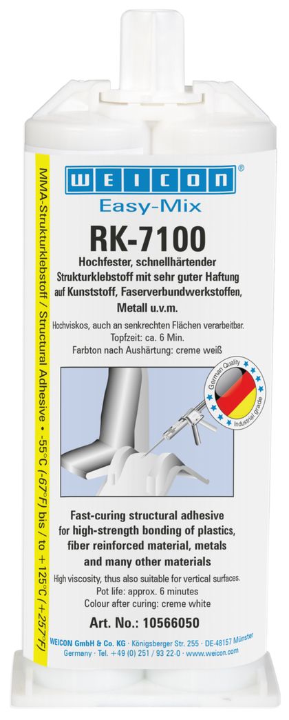 The structural acrylic adhesive WEICON Easy-Mix RK-7100 can be used to bond numerous materials, such as plastics, metals and ceramics with high tensile, shear and peel strength. It is particularly suitable for structural bondings where high strength connections are required. It is highly viscous and is therefore suitable for processing on vertical surfaces. RK-7100 is universally applicable and can be used, for example, in plastics technology, in metal construction, in car body and vehicle construction, in mechanical engineering, in electrical engineering, model and mould making, and in trade show and exhibition construction.