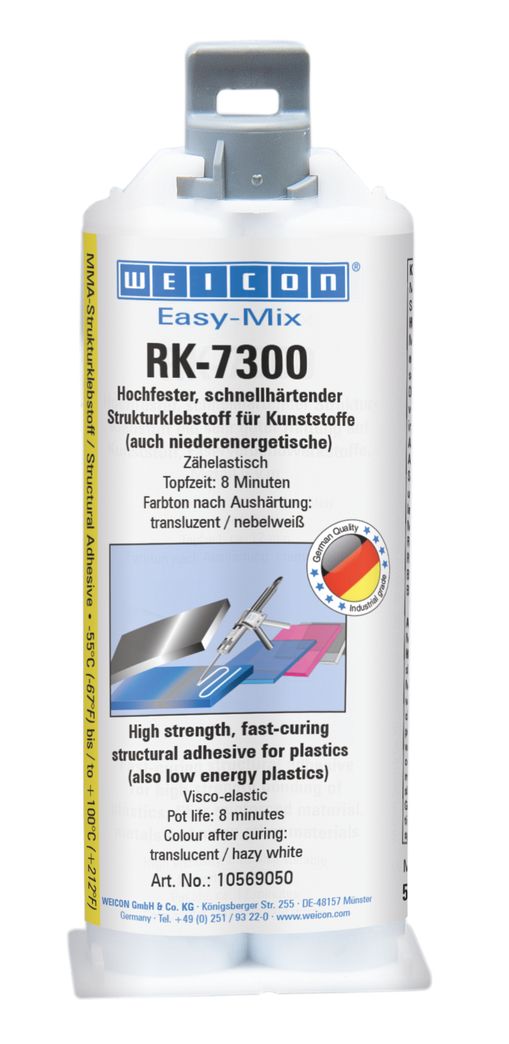 Easy-Mix RK-7300 is a fast-curing, solvent-free structural and construction adhesive based on MMA (methyl methacrylate). It adheres perfectly to a variety of materials and has a high adhesive strength. It can be applied universally for static and dynamic loads. High-strength bondings are also possible in case of low surface energy plastics, such as PE or PP. Its high-viscosity characteristics also permit material pairings with different expansion coefficients, such as plastic / aluminium or steel. Special fillers (glass beads) ensure a consistent adhesive gap of 0.25 mm. Maximum gap-bridging: 1 mm