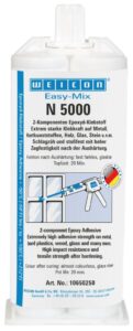 Easy-Mix N 5000 is a transparent, liquid, self-levelling, high-strength adhesive, which has a pot life of 20 minutes. Easy-Mix N 5000 can be used on many materials, such as metal, plastic, fiber composites, ceramics, glass, stone or wood. It is suited for connections where a transparent bond is required.