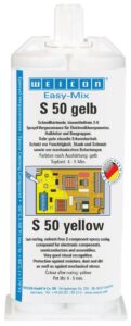 Easy-Mix S 50 yellow is a highly reactive casting compound, which can also be used as an adhesive due to its high adhesive strength and fast cure. The epoxy resin system is viscous, self-levelling and cures fast and with high impact resistance. The casting compound shows high adhesive strength and a short pot life of 4-5 minutes. The compound adheres well to many different surfaces, such as metal, plastics, fibreglass-reinforced plastics, wood, glass, ceramic and stone. The casting compound can be used in electronic engineering for protecting electronic components, semiconductors and building components. It protects components against moisture, dust and dirt as well as mechanical stresses. Easy-Mix S 50 yellow is suitable for applications in many different areas, such as grouting works in electrical engineering and the electronics industry, for casting cable connections, for applications in the insulating technology, in metal construction, in tank and apparatus construction, in fittings and in ventilating and air-conditioning systems. Due to its distinctive yellow colour, Easy-Mix S 50 yellow facilitates visual control. The casting compound is processed with the user-friendly Easy-Mix system.