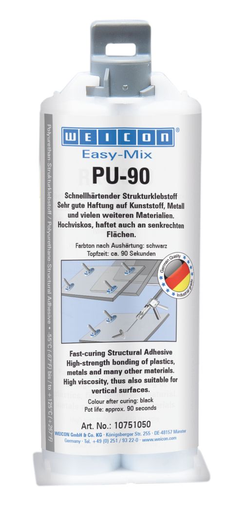 Easy-Mix PU-240 Structural Adhesive is a high-strength, extremely fast-curing, highly viscous adhesive, which can be sanded and painted over after approx. 30 minutes. It is weather-resistant, resistant to chemicals and temperature-resistant from -55 °C to +125 °C (-67 to +257 °F). WEICON PU-240 can be used to bond numerous materials such as composite materials, plastics, polyurethane, epoxies, polyester, metals, wood and ceramics to themselves and to each other with high tensile, shear and peel strength. WEICON PU-240 can be used in plastic technology, machine construction, model and mould making, metal construction, ship and boat building, carriage and vehicle construction, trade show and exhibition construction and in many other applications.

High-Strength |Extremely Fast-Curing | High Viscous | Pot Life of 240 seconds

Easy-Mix PU-240 Structural Adhesive is a high-strength, extremely fast-curing, highly viscous adhesive, which can be sanded and painted over after approx. 30 minutes. It is weather-resistant, resistant to chemicals and temperature-resistant from -55 °C to +125 °C (-67 to +257 °F). WEICON PU-240 can be used to bond numerous materials such as composite materials, plastics, polyurethane, epoxies, polyester, metals, wood and ceramics to themselves and to each other with high tensile, shear and peel strength. WEICON PU-240 can be used in plastic technology, machine construction, model and mould making, metal construction, ship and boat building, carriage and vehicle construction, trade show and exhibition construction and in many other applications.

CharacteristicsBasePolyurethaneProcessingMixing Ratio By Weight1 : 1Density of the Mixture1.30 - 1.35 g/cm³Gap Bridging up to Max0.1 - 4 mmCuringPot Life at 20 °C240 secondsHandling Strength (35% strength)10 minutesWorking Strength after (50% strength)30 minutesFinal Strength (100% strength)12 hoursMechanical Properties after CuringTensile Strength (DIN EN ISO 527-2)20 N/mm2Elongation at break (DIN EN ISO 527-2)31 %E-modulus, Tensile (DIN EN ISO 527-2)450 - 550 N/mm2Hardness (Shore D)68Lap Shear Strength Material thickness. 1.5mm DIN EN 1465
-Steel 1.0338 Sandblasted
-Stainless steel V2A Sandblasted
-Aluminum Sandblasted
23 N/mm2
18 N/mm2
14 N/mm2Thermal ParametersTemperature Resistance-55°C to +125°CTG Decomposition Temperature (Onset-Temp.)+336°CHeat Deflection Resistance (DIN EN ISO 75-2)+65°CElectrical ParametersDielectric Strength (DIN EN 60243-1, 20>23 kV/mmApprovals / GuidelinesISSA Code81 29 87IMPA Code812986

Easy-Mix PU-240 Polyurethane Adhesive Technical Data Sheet

Easy-Mix PU-240 Polyurethane Adhesive (Easy-Mix PU-240 Structural Adhesive is a high-strength, extremely fast-curing, highly viscous adhesive, which can be sanded and painted over after approx. 30 minutes. It is weather-resistant, resistant to chemicals and temperature-resistant from -55 °C to +125 °C (-67 to +257 °F). WEICON PU-240 can be used to bond numerous materials such as composite materials, plastics, polyurethane, epoxies, polyester, metals, wood and ceramics to themselves and to each other with high tensile, shear and peel strength. WEICON PU-240 can be used in plastic technology, machine construction, model and mould making, metal construction, ship and boat building, carriage and vehicle construction, trade show and exhibition construction and in many other applications) technical data sheet.

Easy-Mix PU-240 Polyurethane Adhesive Technical Data Sheet

Easy-Mix PU-240 Polyurethane Adhesive Resin Safety Data Sheet

Easy-Mix PU-240 Polyurethane Adhesive (Easy-Mix PU-240 Structural Adhesive is a high-strength, extremely fast-curing, highly viscous adhesive, which can be sanded and painted over after approx. 30 minutes. It is weather-resistant, resistant to chemicals and temperature-resistant from -55 °C to +125 °C (-67 to +257 °F). WEICON PU-240 can be used to bond numerous materials such as composite materials, plastics, polyurethane, epoxies, polyester, metals, wood and ceramics to themselves and to each other with high tensile, shear and peel strength. WEICON PU-240 can be used in plastic technology, machine construction, model and mould making, metal construction, ship and boat building, carriage and vehicle construction, trade show and exhibition construction and in many other applications) safety data sheet.

Easy-Mix PU-240 Polyurethane Adhesive Resin Safety Data Sheet

Easy-Mix PU-240 Polyurethane Adhesive Hardener Safety Data Sheet

Easy-Mix PU-240 Polyurethane Adhesive (Easy-Mix PU-240 Structural Adhesive is a high-strength, extremely fast-curing, highly viscous adhesive, which can be sanded and painted over after approx. 30 minutes. It is weather-resistant, resistant to chemicals and temperature-resistant from -55 °C to +125 °C (-67 to +257 °F). WEICON PU-240 can be used to bond numerous materials such as composite materials, plastics, polyurethane, epoxies, polyester, metals, wood and ceramics to themselves and to each other with high tensile, shear and peel strength. WEICON PU-240 can be used in plastic technology, machine construction, model and mould making, metal construction, ship and boat building, carriage and vehicle construction, trade show and exhibition construction and in many other applications) safety data sheet.

Easy-Mix PU-240 Polyurethane Adhesive Hardener Safety Data Sheet

Easy-Mix N 5000 Epoxy Adhesive Material Packing Sizes

CodeType and ColourPacking Size10029793Quadro Mixing Nozzle1 PCE10030395Helix Mixing Nozzle B1 PCE10005237Dispenser East-Mix D 501 PCE10010887Processing Spatula1 PCE10068261Dosing Tip1 PCE

Adhesive and Sealant in Singapore

FengFu Private Ltd
Email
fengfu@ffpte.com
WhatsApp
+65-8854 6437

Call us at:
+65-9816 1980

FengFu YouTube
FengFu Linkedin
FengFu Facebook

Delivery Locations in Singapore

Locations We Deliver to:
Singapore

We supply Easy-Mix PU-240 Polyurethane Adhesive (Easy-Mix PU-240 Structural Adhesive is a high-strength, extremely fast-curing, highly viscous adhesive, which can be sanded and painted over after approx. 30 minutes. It is weather-resistant, resistant to chemicals and temperature-resistant from -55 °C to +125 °C (-67 to +257 °F). WEICON PU-240 can be used to bond numerous materials such as composite materials, plastics, polyurethane, epoxies, polyester, metals, wood and ceramics to themselves and to each other with high tensile, shear and peel strength. WEICON PU-240 can be used in plastic technology, machine construction, model and mould making, metal construction, ship and boat building, carriage and vehicle construction, trade show and exhibition construction and in many other applications) to Bishan, Braddell, Toa Payoh, Novena, Newton, Orchard, Somerset, Dhoby Ghaut, City Hall, Raffles Place, Marina Bay, Marina South Pier, Pasir Ris, Simei, Tanah Merah, Bedok, Kembangan, Eunos, Paya Lebar, Aljunied, Kallang, Lavender, Bugis, City Hall, Raffles Place, Tanjong Pagar, Outram Park, Tiong Bahru, Redhill, Queenstown, Commonwealth, Buona Vista, Dover, Clementi, Chinese Garden, Lakeside, Boon Lay, Pioneer, Joo Koon, Tuas Crescent, Tuas West Road, Tuas Link, Expo, Changi Airport, HarbourFront, Outram Park, Chinatown, Clarke Quay, Little India, Farrer Park, Boon Keng, Potong Pasir, Woodleigh, Serangoon, Kovan, Hougang, Buangkok, Sengkang, Punggol, Bras Basah, Esplanade, Promenade, Nicoll Highway, Stadium, Mountbatten, Dakota, MacPherson, Tai Seng, Bartley, Lorong Chuan, Marymount, Caldecott, Botanic Gardens, Farrer Road, Holland Village, One-north, Kent Ridge, Haw Par Villa, Pasir Panjang, Labrador Park, Telok Blangah, Bayfront, Bukit Panjang, Cashew, Hillview, Beauty World, King Albert Park, Sixth Avenue, Tan Kah Kee, Stevens, Newton, Rochor, Bugis, Downtown, Telok Ayer, Fort Canning, Bencoolen, Jalan Besar, Bendemeer, Geylang Bahru, Ubi, Bedok North, Tampines West, Tampines, Tampines East, and Upper Changi.