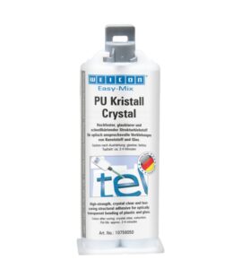 Easy-Mix PU Crystal is a crystal clear and colourless two-component polyurethane adhesive for bonding plastics (e.g. polycarbonate) as well as plastics to steel, stainless steel, aluminium, concrete, wood, and glass. The high-strength and fast-curing structural adhesive is sandable and paintable after approx. 30 minutes. It provides excellent adhesion to a variety of materials and is resistant to weathering and many aggressive chemicals. PU is temperature-resistant from -55 °C to +100 °C (-67 °F to +212 °F). Due to its transparent curing, it is particularly suitable for bonding e.g. plastics and glass. It can also be used for structural adhesive bonding, where a coloured adhesive joint would affect the overall appearance of the component. PU Crystal bonds transparent plastics, like Plexiglas and other materials, can be bonded safely in a clean and visually appealing way. PU Crystal can be used in plastic technology, machine construction, model and mould making, metal construction, ship and boat building, carriage and vehicle construction, trade show and exhibition construction, and in many other areas.