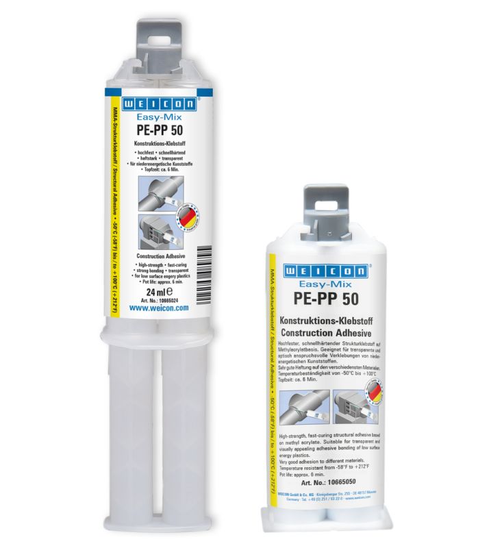 Easy-Mix PE-PP 50 is a 2-component construction adhesive based on methyl acrylate. Due to its transparent curing, it is particularly suitable for visually appealing, high-strength adhesive bonding of low surface energy plastics, such as PE, PP and TPE. Thanks to its special formula, the adhesive is suitable for zero-gap bonds and for connecting surfaces with extremely small bonding gaps of less than 0,2 mm. The structural adhesive has a fast strength build-up and a high final strength. It is impact-resistant, ageing-resistant, chemical-resistant, and slightly thixotropic. PE-PP 50 has a short pot life of six minutes and a processing time of twelve minutes. It is applied with a 1:1 system and does not require pre-treatment of the bonding surfaces, as the adhesive has an integrated primer. For the application of the Easy-Mix product, the Dispenser Easy-Mix D 50 is required.