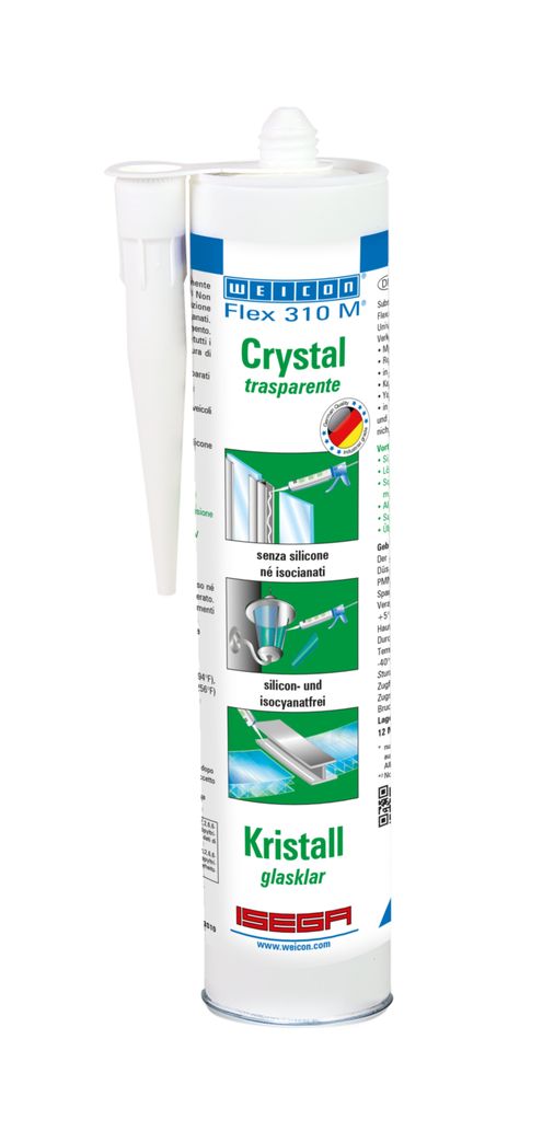 Flex 310 M Crystal is transparent, strong, paintable (wet-on-wet), sandable, has an outstanding resistance to ageing and good resistance to UV rays. It contains no silicone, isocyanate, halogens or solvents. It has an ISEGA certificate and can be used as an adhesive in the food technology. Flex 310 M Crystal is an elastic adhesive suitable for bonding glass, PC* and acrylic glass*, metals, many plastics, ceramics, wood and stone. The product is crystal clear after curing and is particularly suited for elastic joints where the adhesive should or must not be visible. It can be used in plastic processing, metal construction, tank and apparatus engineering, in ventilation and air conditioning systems, the electrical and lighting industry, in exhibition stand construction and shopfitting, and in all applications where silicones or products containing silicones are not suitable. (* = only for tension-free bonding)