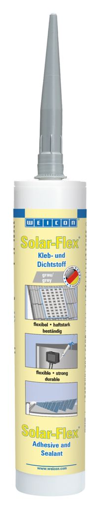 Solar-Flex is strong, non-corrosive, paintable (wet-on-wet), weather-resistant and resistant to UV rays. It is free of silicone, isocyanate, halogens and solvents. Solar-Flex is an elastic adhesive based on MS polymer specially developed for the solar industry. Both the very high initial bonding power and the fast development of adhesive strength enable bondings even on vertical surfaces. Replaces traditional fixings in the assembly of solar and photovoltaic power systems.