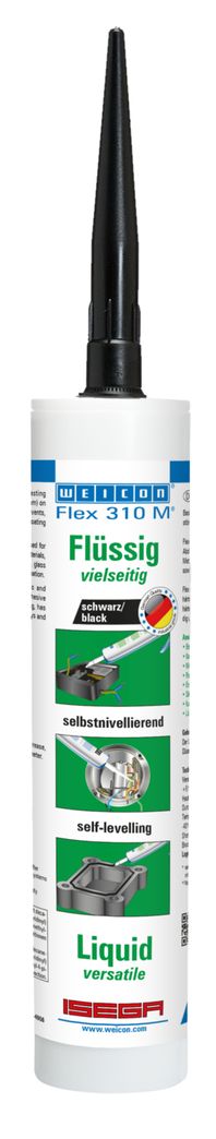 Flex 310 M Liquid black is a self-levelling, 1-component casting and coating mass based on polyoxypropylene. The product is permanently elastic and paintable after curing. The flexible adhesive and sealant cures odourless, is resistant to weather and UV rays, has an excellent resistance to ageing and is free of silicone. Flex 310 M Liquid black can be used in various applications for the bonding and sealing of many different materials such as metals, many plastics, ceramics, wood, glass or stone and for insulation and impregnation. The flexible adhesive and sealant can also be used in other industrial areas, such as in tank and apparatus construction, in car bodywork, container and vehicle construction, in pipeline and fittings construction, in the energy and electrical industries, in sound insulation and insulation technology and in plastics technology.